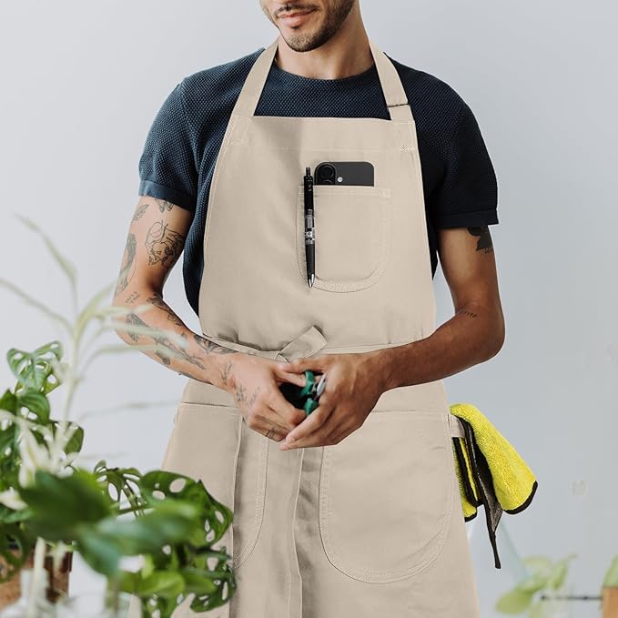 Unisex Apron with Pockets for Cooking, Salon & Art - 100% Cotton Adult Kitchen, Chef, Stylist Apron (Beige)