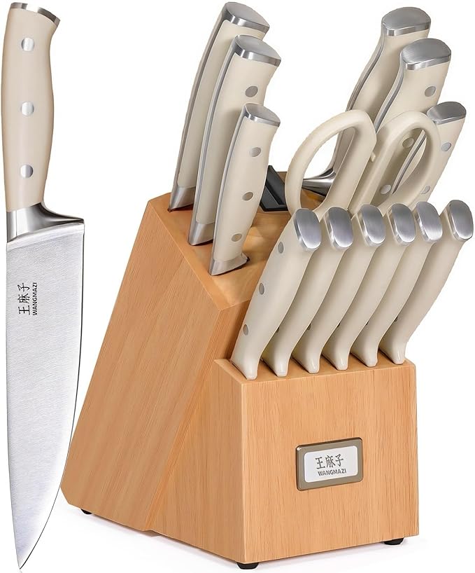Newly Updated Premium Chef Knife Set High Carbon Stainless Steel Sharp Blade Ergonomic Rivets Handle Knife Block Set Hundreds of Years of Masterful Craftsmanship(Ivory,15PCS)