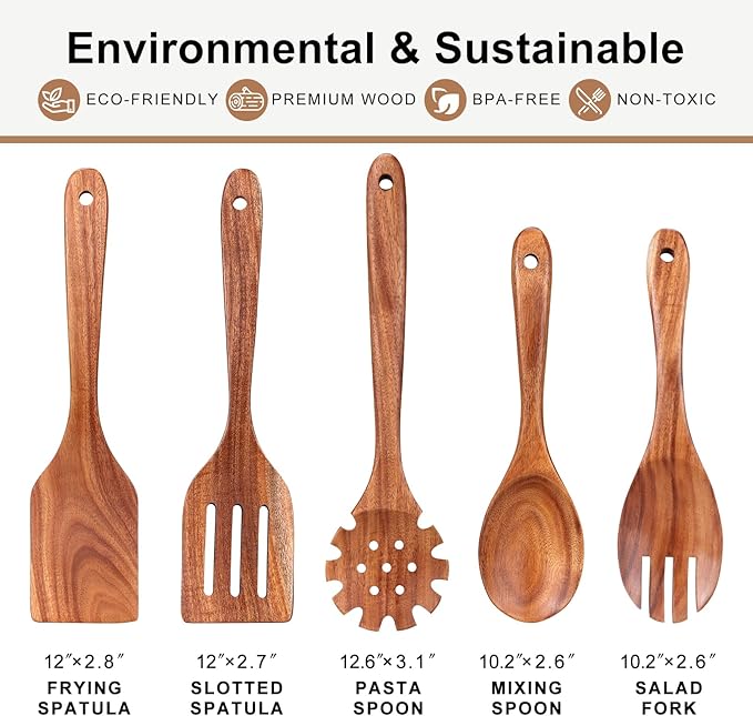 5 Pcs Best Wooden Spoons for Cooking Kitchen Utensil Set Teak Wood Spatula Slotted Spatulas for Nonstick Cookware Pasta Spoon Salad Fork & Spoons Non Toxic Wooden Utensils BPA Free