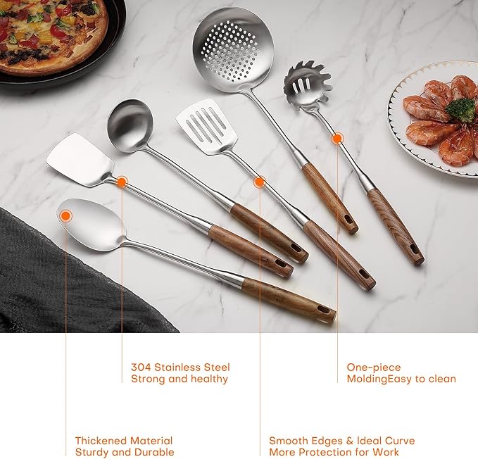 6 Pcs Cooking Utensils Set 304 Stainlss Steel Kitchen Utensils Set Heat Resistant Wooden Handle Kitchen Tools Metal Kitchen Utensil Soup Ladle Set, Dishwasher Safe