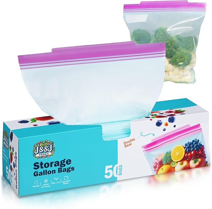 J&&J Fresh Gallon Zipper Bags, 50 Pack — Reusable, BPA-Free, Leakproof — Expandable Bottom, Microwave-Safe, Strong Zipper Lock Seal — For Meat, Veggies, Soup, Freezer & Fridge — Durable & Washable