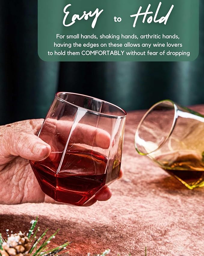 ColoVie Stemless Wine Glasses Set of 6, Cocktail Glasses, Diamond Shaped Wine Glasses for White or Red Wine, Unique Colorful Drinking Glasses,10 oz Easy Hold, Cute, Dishwasher Safe
