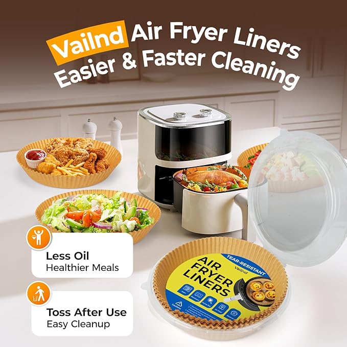 Air Fryer Liners for Ninja, 200 Pcs 8" Round Airfryer Paper Liners Disposable for Oven, Pans & Baking, Non-Stick and Oil Proof Parchment Paper for 5-8 qt Air Fryer Basket by Vailnd