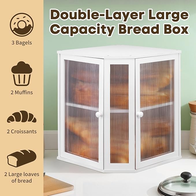 Corner Bread Box for Kitchen Countertop - Bamboo Large Capacity Bread Storage Bin with Acrylic Wavy Door Panel,Dual Door Bread Organizers Under Cabinet Mount Shelf (White)