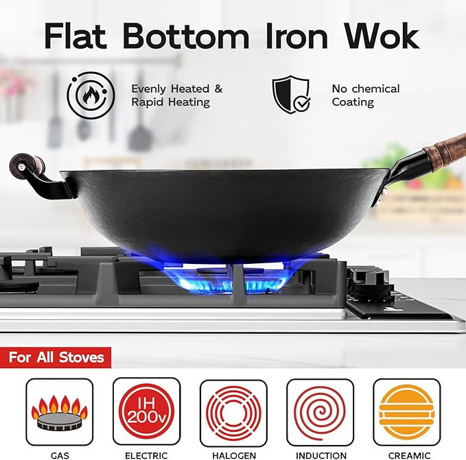 WANGYUANJI 13.4 Inch Traditional Cast Iron Wok with Wooden Lid and Stainless Spatula, Flat Bottom Double-Handle Chinese Stir Fry Pan, Uncoated Cast Iron Wok for Induction, Gas and Electric Stoves