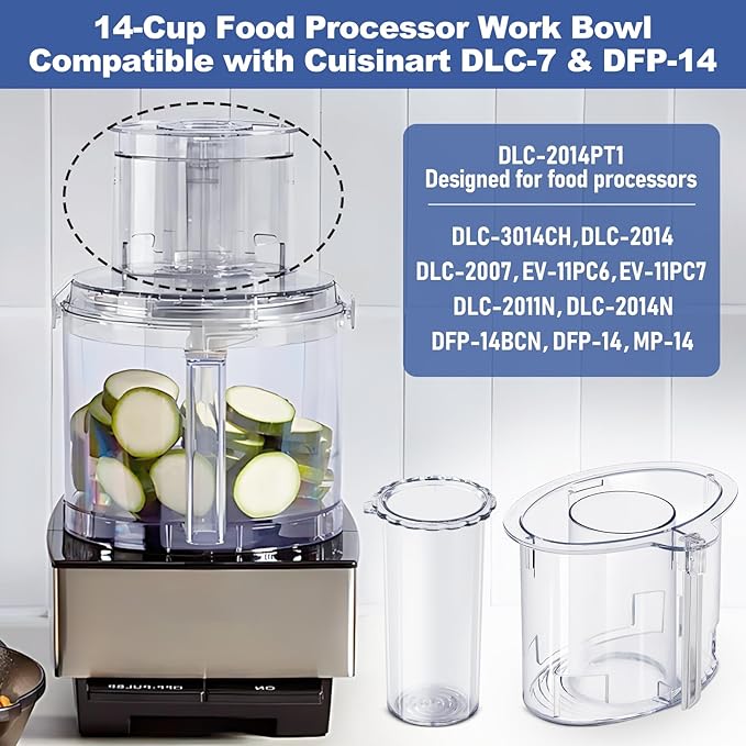 14-cup Large Pusher DLC-2014PT1 and Small Pusher DLC-2014SPT1-1, Compatible 4 Locking Tabs DLC-005AGTXT1 Bowl and DFP-14NWBCT1X Cover, Food Processor Parts Replacement Fits DFP-14 DLC-2014