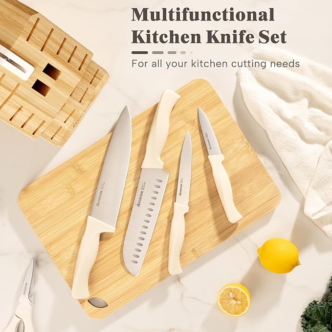 Knife Set, Astercook 22-Piece Kitchen Knife Set with Block & Built-in Sharpener, Ultra-Sharp High Carbon Stainless Steel Knives, Dishwasher Safe, Ergonomic Anti-slip Handle, Cream White