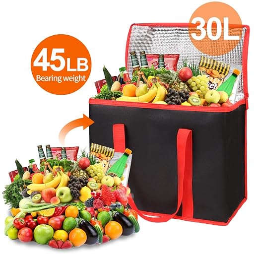 Bodaon 4-Pack Insulated Reusable Grocery Shopping Bags, X-Large Picnic Cooler Bag with Zipper Zippered Top Cold, Black with Red Edge