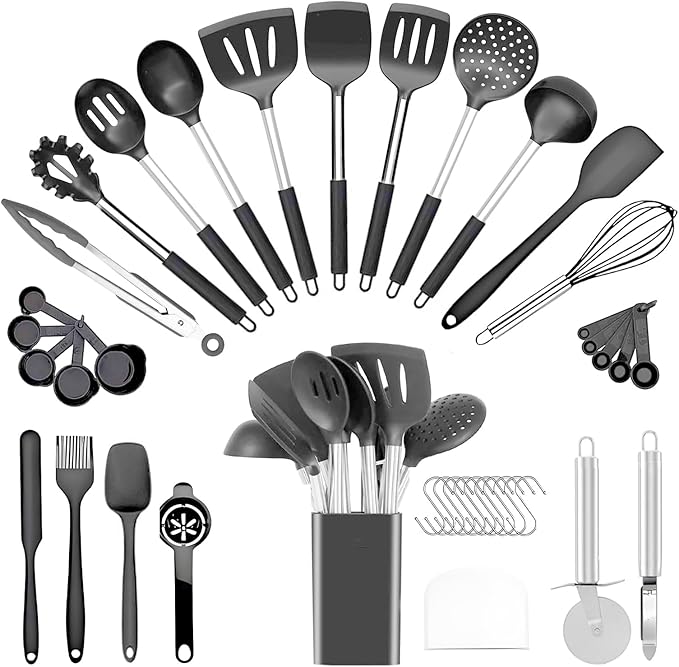 Silicone Cooking Utensils Set Utensil: 40 Pcs Black Stainless Steel Cookware Set, Nonstick Silicone Cooking Utensils Set, (Grey)