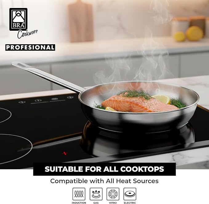 BRA COOKWARE Profesional Frying Pan | 10.2 inches Professional Skillet | Stainless Steel Pan w/o Non-Stick Coating | All Stovetop Compatible - Full Induction Skillet | 100% PFOA Free | Brushed Finish