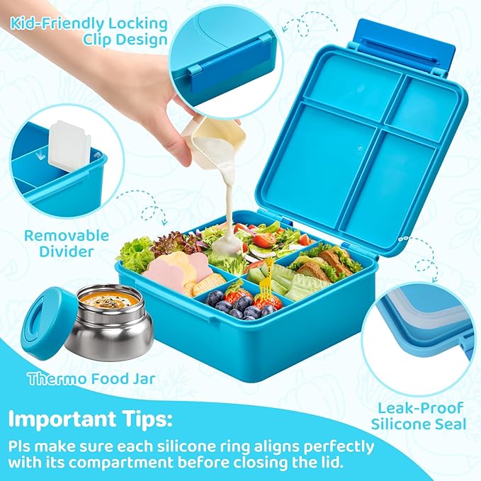 JSLOVE Bento Lunch Box with Leak Proof Thermos Food Jar for Kids, Food Lunch Containers for Boys with 4 Compartments, BPA-Free with Utensils, Food Picks, Sauce Jar & Silicone Lunch Box Dividers