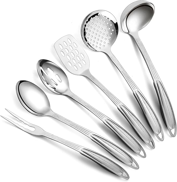 Berglander Stainless Steel Kitchen Utensils Set 6 Pcs, Cooking Utensil Sets, Kitchen Gadgets Essentials Include Metal Spatula Set, Skimmer, Ladle, Serving Spoon, Slotted Spoon, Carving Fork