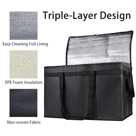 Bodaon 4-Pack Cooler Insulated Food Delivery Bag for Doordash/Uber Eats, XXX-Large Thermal Bags for Catering/Hot Pizza, Travel/Camping/Picnic Basket，Grocery Reusable Warmer Frozen, Black With Bottom