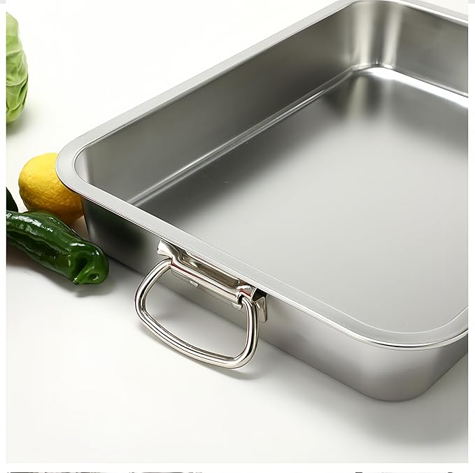 Generic Roasting Pan Stainless steel Roasting pan Turkey Roasting pan with grill Rectangular grill suitable for Turkey, roast chicken and ham (15.5x11.6x2.8in), Silver