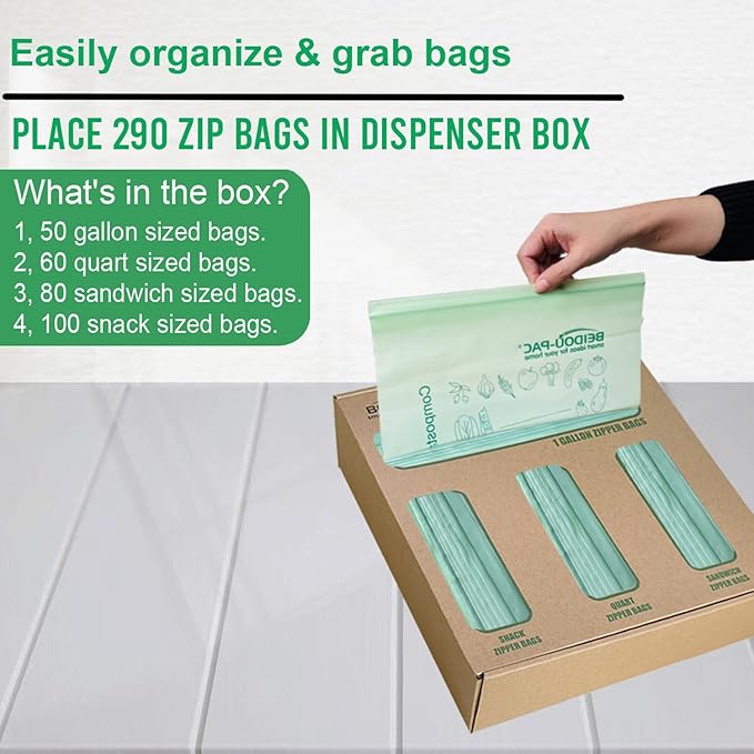 Compostable Combo Storage Zip Bags 290 Count, Resealable Variety Pack with Organizer, Reclosable Biodegradable Eco-Friendly Compost Snack, Sandwich, Quart, Gallon Assorted Size Bags
