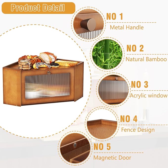Corner Bamboo Bread Box for Kitchen Counter Large Capacity Rustic Bread Storage Container with Wavy Arcylic Transparent Door Vintage Storage for Homemade Bread (Brown)