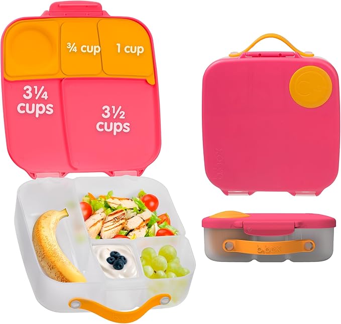 b.box Kids Lunch Box – 4 compartments (2 Leak-proof) Bento Box with Cold Pack & Removable Divider Reusable Snack Containers with Lids, Snack Box for Toddlers & Older Kids 8 1/2 cups (Strawberry Shake)