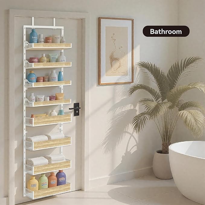 Over the Door Pantry Organizer, 8-Tier Door Organizer Hanging, Spice Rack with Adjustable Baskets, Heavy Duty Door Organizer for Kitchen Storage Metal Hanging for Laundry Bathroom Bedroom, White