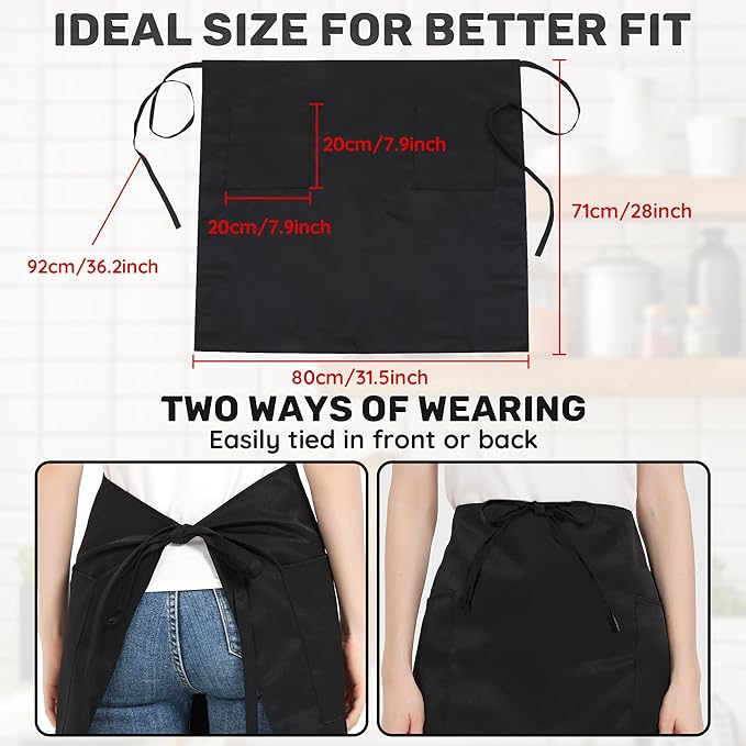 3 Pack Waist Apron with 3 Pockets, Unisex Black Waiter Aprons, Water Resistant Server Aprons for Restaurant Chef Bar