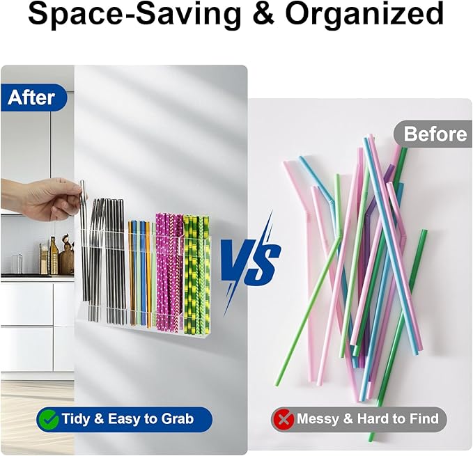 Upgraded Acrylic Straw Holder for Cabinet Door, Fridge & Countertop–Magnetic/Adhesive Dual Mount, Strong Hold, Space-Saving Straw Organizer with Adhesive Tape, Magnetic Sheet