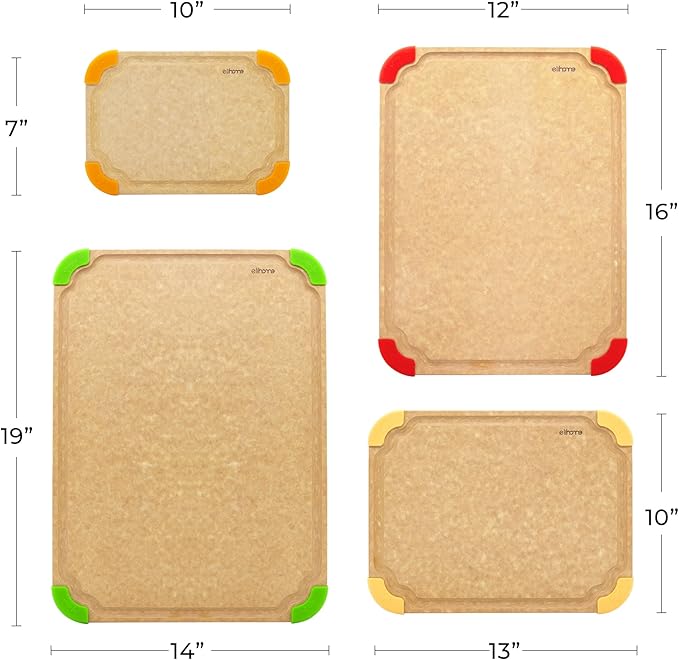 Elihome Premium Series 4-in-1 Kitchen Cutting Board Set, Non Slip Feet, Color Coded with Food Icon, Natural Wood Fiber, Dishwasher Safe, Eco-Friendly, Juice Grooves,Non Porous, BPA Free, Made in USA