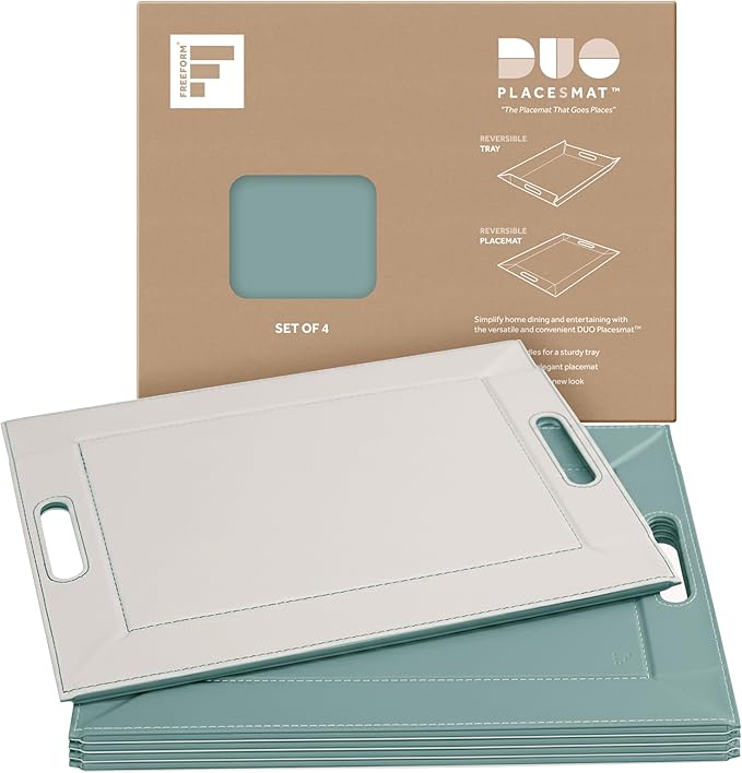 PLACEsMAT 2-in-1 Faux Leather Placemat & Serving Tray | Reversible Design, Lays Flat & Easy to Clean | Ottoman Food Tray, Housewarming Gift, 18” x 14” (Seafoam Blue & Stone, Set of 4)