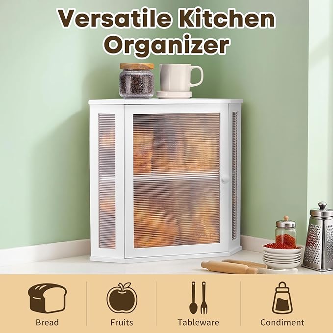 Corner Bread Box for Kitchen Countertop - Bamboo Large Capacity Bread Storage Bin with Acrylic Wavy Door Panel,Bread Box (White,Extra Large)