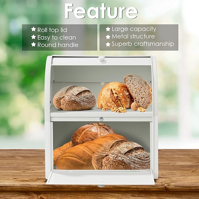 Bread Box, Metal Bread Box For Kitchen Countertop, Bread Storage Container Holds 2 Loaves Of Bread, High Capacity Breadbox, Bread Holder Suit Farmhouse Kitchen Decor For Counter (White)