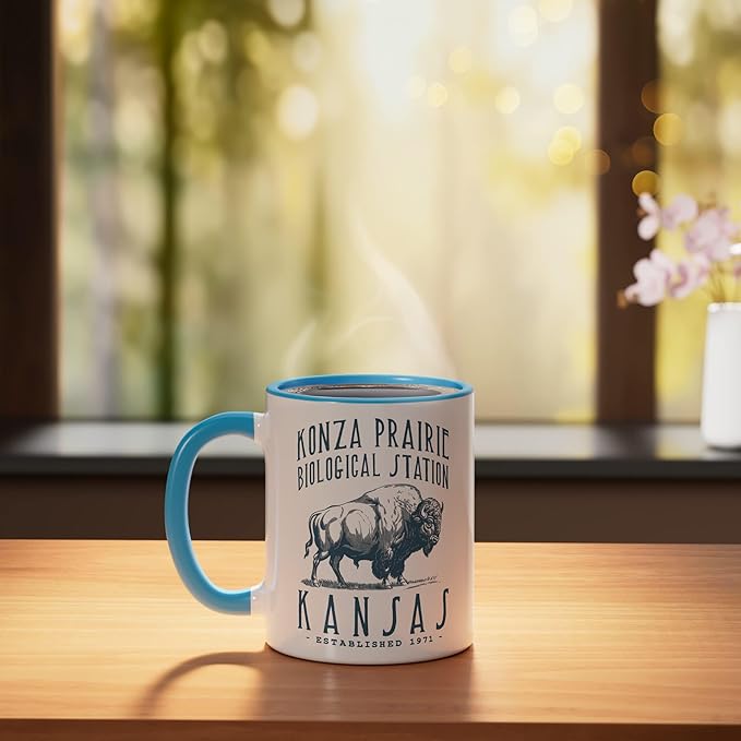 KONZA PRAIRIE, KANSAS. BISON DESIGN Ceramic Mug, Blue/White