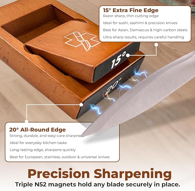The Knife Doctor™- Professional Rolling Knife Sharpener Kit - Two-Piece Wooden Block Knife Sharpening System for Kitchen, Japanese & Pocket Knives - 15-20 Degree Angles with Magnetic Guide & 3 Discs