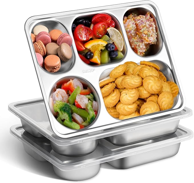 GOLDEN KEY Stainless Steel Lunch Box for Kids,3-Pack Stainless Steel Bento Box Kids,BPA Free Snack Containers with 5 Compartments,Snackle Box Container for School,Freezer & Dishwasher Safe