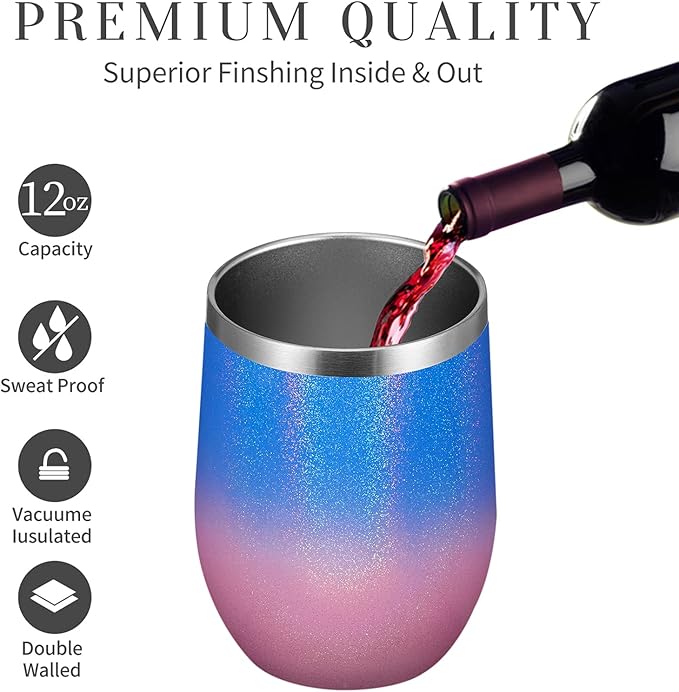 MEWAY 12oz/8 Pack Wine Tumbler Glasses with Lid - Stemless Double Wall Vacuum Stainless Steel Glitter Tumbler - Keeping Cold & Hot Cup for Coffee,for Women(Gradient Pink,Set of 8)