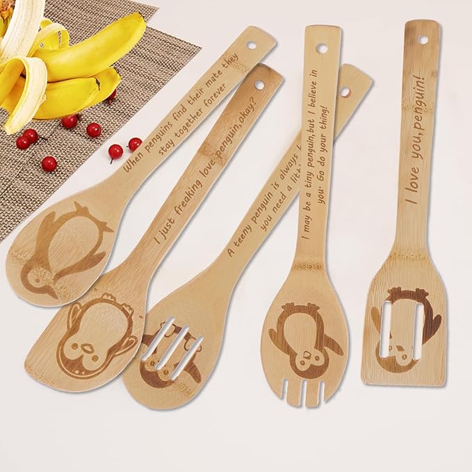 5PCS Penguin Wooden Cooking Spoons Set Penguin Gifts for Women Kitchen Decor Bamboo Cooking Utensil Spoons for Housewarming Wedding Anniversary Thanksgiving Christmas Gifts Mom Women