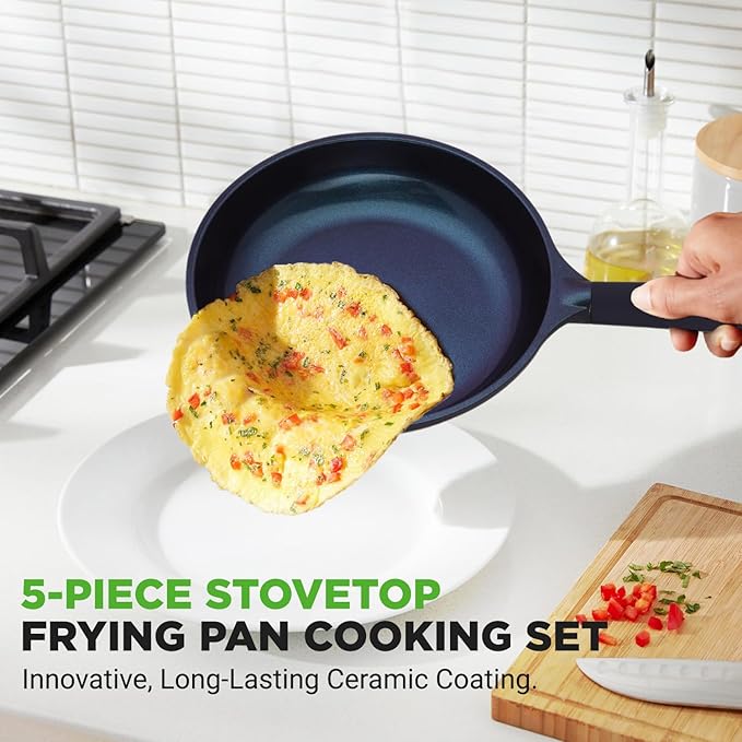 NutriChef NonStick Frying Pans – 5-Piece Skillet Set with Ceramic Coating, Wok, Grill, Fry & Fish Pans – Compatible with All Cooktops, Including Induction – Cool-Touch Handles, Easy-Clean