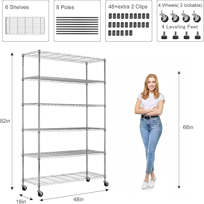 6 Tier Wire Shelving with Wheels, 2100lbs Storage Shelves Metal Shelves for Storage Rack, Adjustable Garage Shelf Heavy Duty Shelving Units Pantry Shelf Kitchen, (48"X18"X82", Chrome)