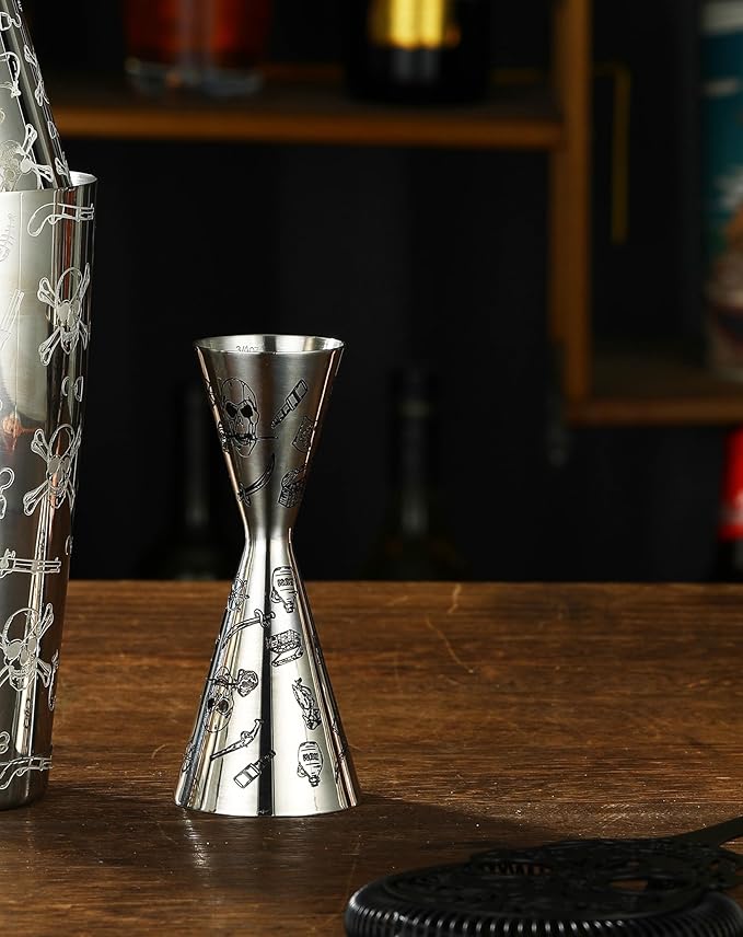 Double Cocktail Jigger Slim Style Measuring Jigger with Etched Pattern (Skull Rose)