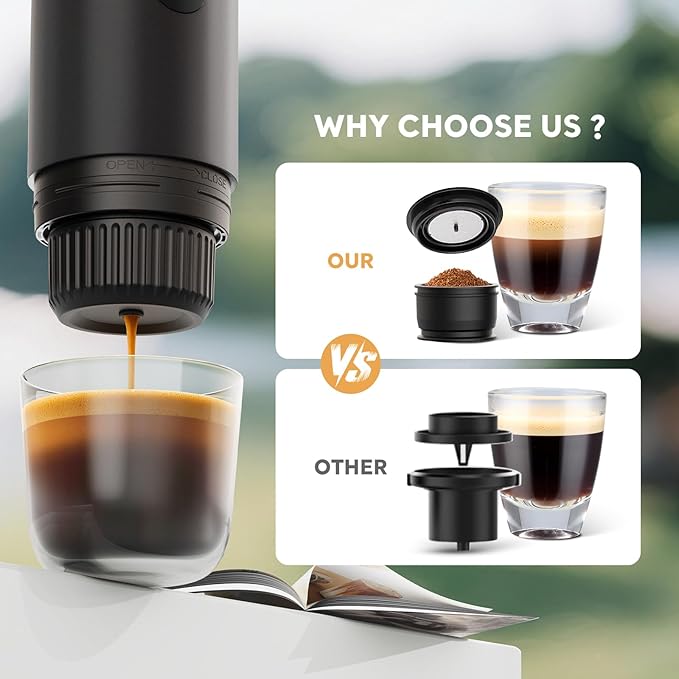 Portable 2-in-1 Coffee Maker, Portable 19 Bar Espresso Machine with Automatic Heating, Compatible with NS and Ground Coffee for Camping, Hiking Travel and Home (Black)