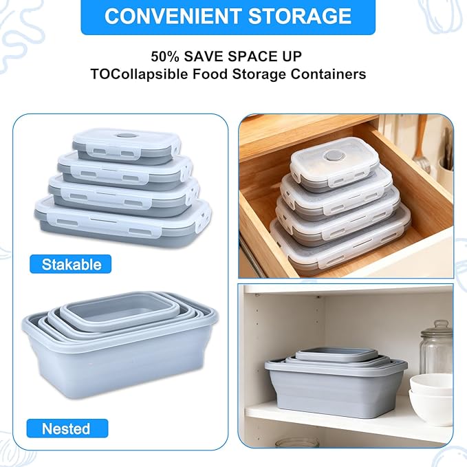 4 Set Collapsible Food Storage Containers Silicone Lunch Container with Lids Collapsible Lunch Box Food for Camper Leftovers Snacks Meals Dorm Kitchen Microwave Dishwasher and Freezer Navy Blue