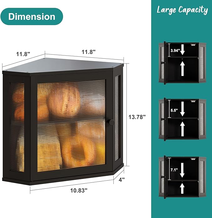 Corner Bread Box, Bamboo Bread Box for Kitchen Countertop, 2 Tier Wooden Bread Storage, Black