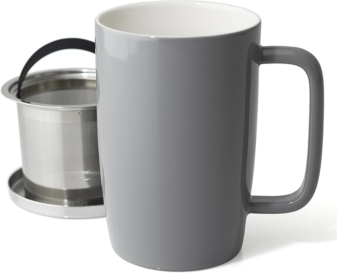 FORLIFE Dew Glossy Finish Brew-In-Mug with Basket Infuser & "Mirror" Stainless Lid 18 oz., Gray