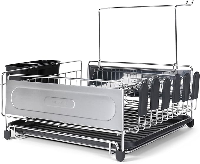 happimess DSH1000A Compact 17.25' Fingerprint-Proof Stainless Steel Dish Drying Rack, Dish Rack with Wine Glass Holder, Utensil Holder, Stainless Steel/Black, Silver/Black