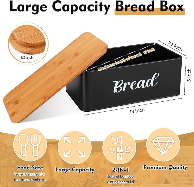 Hushee Metal Bread Box and Butter Dish with Bamboo Cutting Board Lid and Knife Bread Storage Container Breadbox for Kitchen Counter Butter Organizer for Kitchen Countertop Decoration(Black)