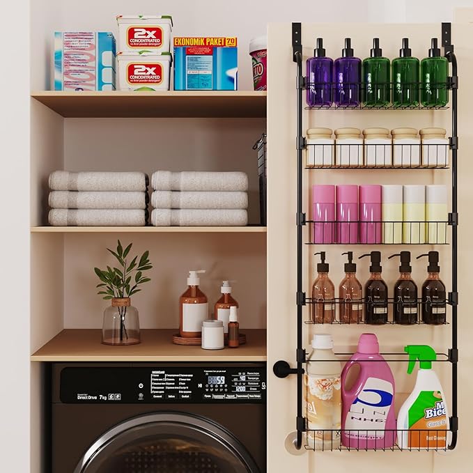 Black Over the Door Pantry Organizer 5 Tier, Adjustable Basket Pantry Door Organizer and Storage, Heavy Duty Metal Kitchen Hanging Spice Rack (D5xW19xH50 Inches)