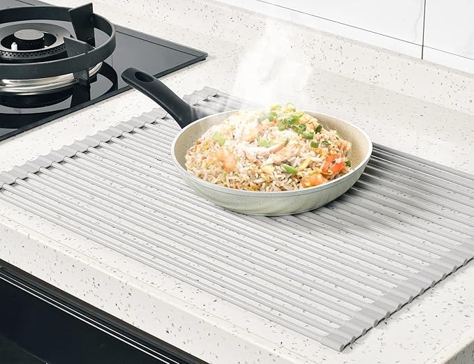 Surpahs Roll-Up Dish Drying Rack, Warm Gray, 20.5" x 15.5", Wide Platform, Fits Sinks up to 18.5", Silicone-Coated Stainless Steel