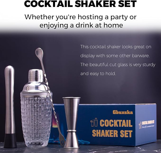Cocktail Shaker Set- Includes Jigger, Mixing Spoon, and Muddler - Perfect for Home Bar Accessories, Perfect for Making Cocktails and Protein Shakes(Sliver)