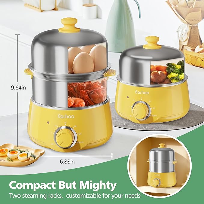 Hard Boiled Egg Cooker - CACHOO 14-Egg Rapid Stainless Steel Egg Boiler with 30-Min Timer & Auto Shut Off, Compact Electric Vegetable Steamer for Cooking, Dishwasher Safe, Retro Yellow