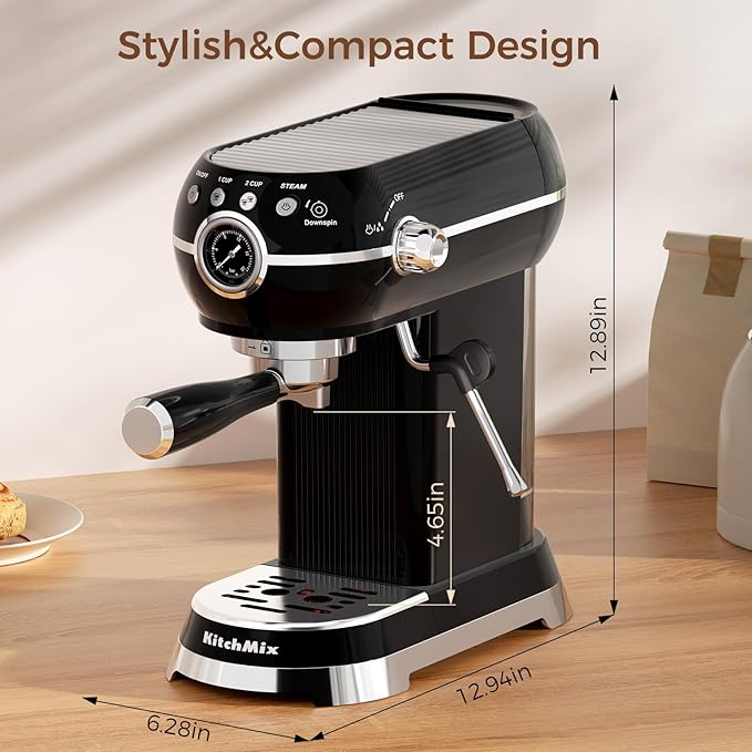Espresso Machine with Milk Frother, 20 Bar Espresso Maker for Latte and Cappuccino, Expressions Coffee Machine with Removable Water Tank (Black)