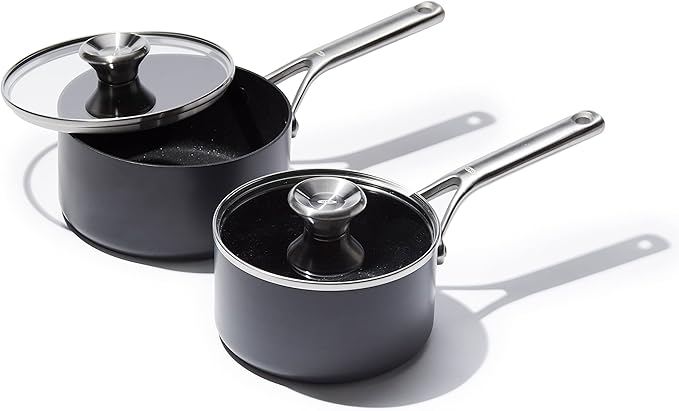 OXO Professional 1.7QT and 2.3QT Saucepan Pot Set with Lids Hard Anodized Ceramic Nonstick Cookware PFAS-Free Induction Suitable Stainless Steel Diamond Reinforced Coating Dishwasher/ Oven Safe Black