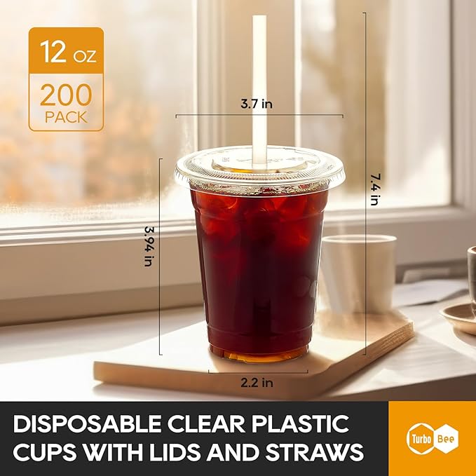 Turbo Bee 200 Sets 12 OZ Clear Plastic Cups with Lids and Straws, Disposable To Go Iced coffee cups with lids for Cold Drinks, Smoothie, and Slushie