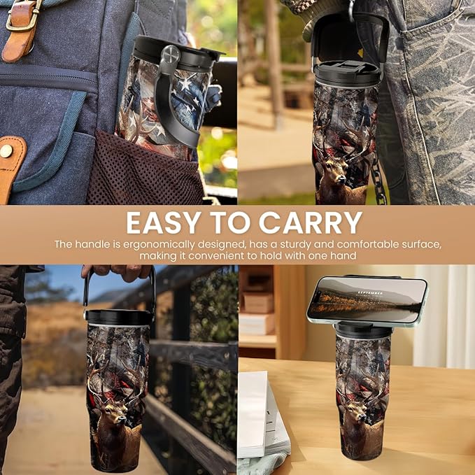 SANDJEST Hunting Gift for Men, Deer Hunting Tumbler with Handle, 30oz Flip Straw Stainless Steel Insulated Coffee Travel Cup, Gifts for Hunter Dad Grandpa for Birthday Christmas Fathers Day